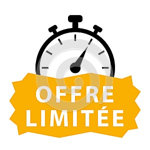 Limited offer in french. Yellow and black vector icon with chronometer.