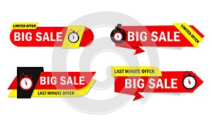 Limited offer sale tags with clock, time. Special discount price badge for promotion, retail, shop. Sticker, promo label, ribbon,