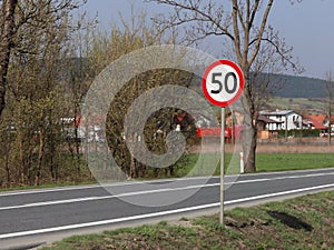 Limiting the speed of traffic to 50 km/h. Road sign on the highway. safety of traffic.