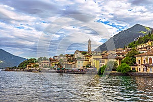 Limone, Italy - July 18, 2021: Coastal scenic town of Limone in lake Garda, Italy