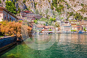 Limone sul Garda turquoise waterfront and lake cliffs view