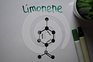 Limonene. Colorless liquid hydrocarbon molecule write on the white board. Structural chemical formula. Education concept