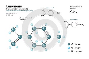Limonene. D-Limonene R  L-Limonene S. Aliphatic hydrocarbon of the terpene group. C10H16. Structural Chemical Formula