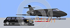 Limousine car and private jet in airport with red carpet flat design vector