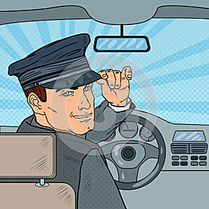 Limousine Driver Inside a Car. Chauffeur Saluting Passenger. Pop Art illustration