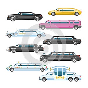 Limousine vector limo luxury car and retro auto transport and vehicle automobile illustration set of automotive