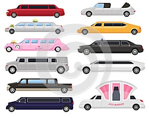 Limousine vector limo luxury car and retro auto transport and vehicle automobile illustration set of automotive citycar