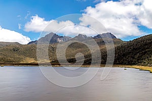 Limpiopungo lake and Ruminahui volcano, Ecuador.