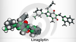 Linagliptin, C25H28N8O2 molecule. It is DPP-4 inhibitor, used for the treatment of type II diabetes. Molecular model photo