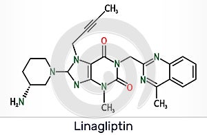 Linagliptin, C25H28N8O2 molecule. It is DPP-4 inhibitor, used for the treatment of type II diabetes. Skeletal chemical formula photo