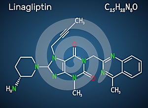 Linagliptin, C25H28N8O2 molecule. It is DPP-4 inhibitor, used for the treatment of type II diabetes. Structural chemical formula photo