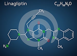 Linagliptin, C25H28N8O2 molecule. It is DPP-4 inhibitor, used for the treatment of type II diabetes. Structural chemical formula