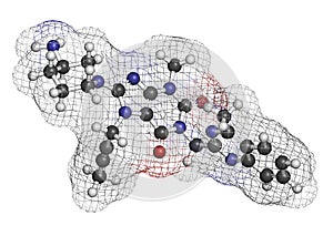 Linagliptin diabetes drug molecule (dipeptidyl peptidase 4 or DPP4 inhibitor). Atoms are represented as spheres with conventional