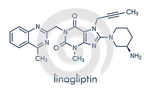 Linagliptin diabetes drug molecule dipeptidyl peptidase 4 or DPP4 inhibitor. Skeletal formula. photo
