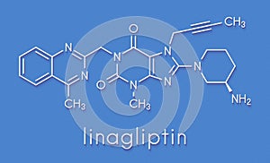 Linagliptin diabetes drug molecule dipeptidyl peptidase 4 or DPP4 inhibitor. Skeletal formula. photo