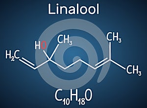 Linalool  molecule. Structural chemical formula and molecule model on the dark blue background