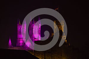 Lincoln Cathedral and Castle at night with festive floodlighting