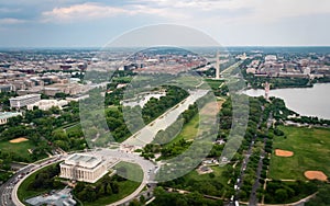 The Lincoln Memoral and the Washington Monument on the national mall as seen from the sky in Washington DC