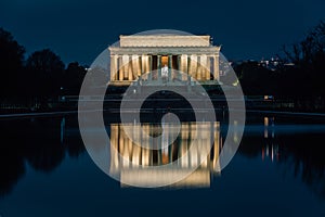 The Lincoln Memorial and Reflecting Pool at night, at the National Mall in Washington, DC