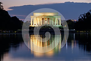 The Lincoln Memorial and the Reflecting Pool in Washington illum