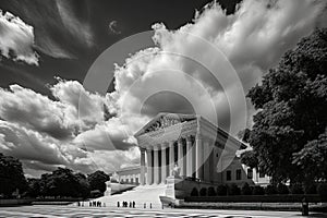 The Lincoln Memorial in Washington DC, USA. Black and white. A vintage supreme court outside view with a blue sky, AI Generated