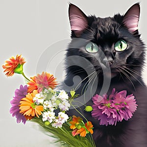 Belo gato preto, peludo, olhos verdes com flores! photo