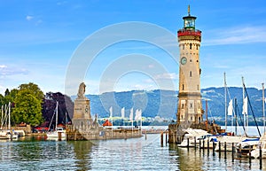 Lindau, Germany. Old lighthouse with clock in the bay