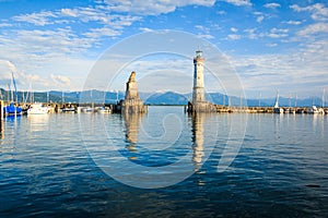 Lindau on Lake Constance harbor entrance Landmark Lion and Lighthouse, Germany