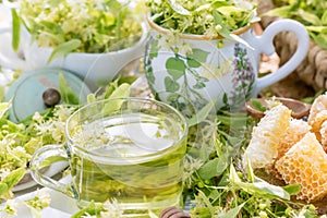 Linden flowers tea in a glass cup outdoors and cup with linden flowers, yellow drink of linden flower