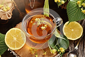 Linden tea with honey and lemon for cold and immunity top view