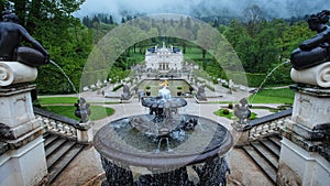 Linderhof palace overview with fountain