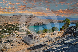 Lindos Beach from the height of the Acropolis of Lindos. Rhodes island, Greece