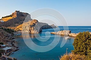 Lindos, Greece - August 11, 2018:  Lindos city at sunset, Greece
