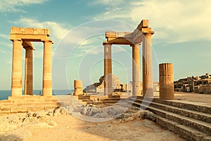 Lindos Medivial castle with some ancient parts including the temple of Lindia Athena, in the island of Rhodes at Dodecanese,