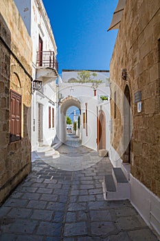 Lindos Narrow Street at Rhodes Island Rodos Aegean Region, Gre