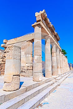 Lindos, Rhodes island: Overview of Temple of Athena Lindia in a sunny day, Dodecanese Islands