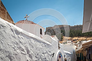 Lindos Town. Greek Island of Rhodes. Tower of Church of Panagia, Our Lady Church. Europe