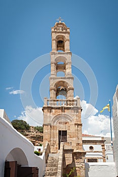 Lindos Town. Greek Island of Rhodes. Tower of Church of Panagia, Our Lady Church. Europe