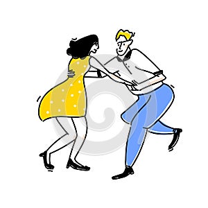 Lindy hop dance illustration. Couple in counterbalance, open position. Funny retro social party sign. Young dancing girl