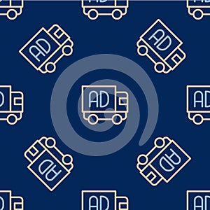 Line Advertising on truck icon isolated seamless pattern on blue background. Concept of marketing and promotion process
