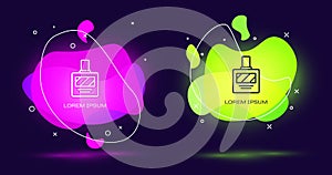 Line Aftershave icon isolated on black background. Cologne spray icon. Male perfume bottle. Abstract banner with liquid