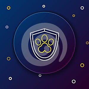 Line Animal health insurance icon isolated on blue background. Pet protection icon. Dog or cat paw print. Colorful