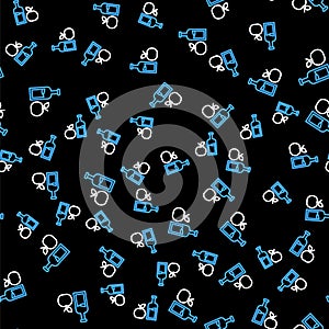 Line Apple cider bottle icon isolated seamless pattern on black background. Beverage glass bottle. Vector