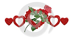 Line arrangement with red rose flower and glitter hearts