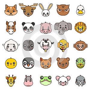 Line art animals cute baby cartoon cubs flat design head icons set character vector illustration