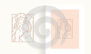 Line art antique elegant woman with long hair posing with closed eyes at abstract frame