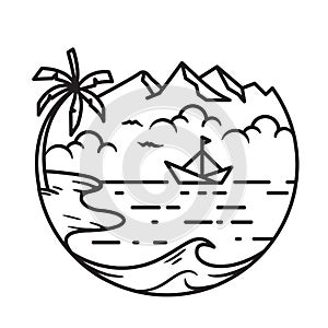 Line Art Beach wave, palm boat sea doodle logo template