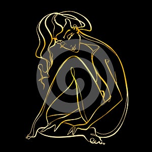 Line art. A beautiful girl is drawn with one line. Gold on black. Fitness. Vector