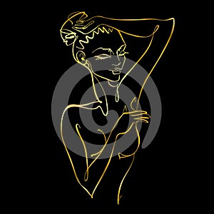 Line art. A beautiful girl is drawn with one line. Gold on black. Fitness. Vector