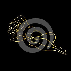 Line art. A beautiful girl is drawn with one line. Gold on black. Fitness. Vector